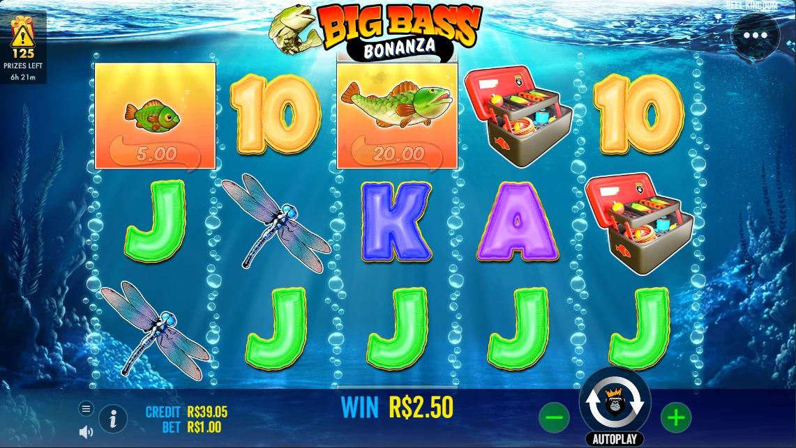 Captura de tela Interface de Jogo no Big Bass Bonanza com 5 repetições do símbolo J
