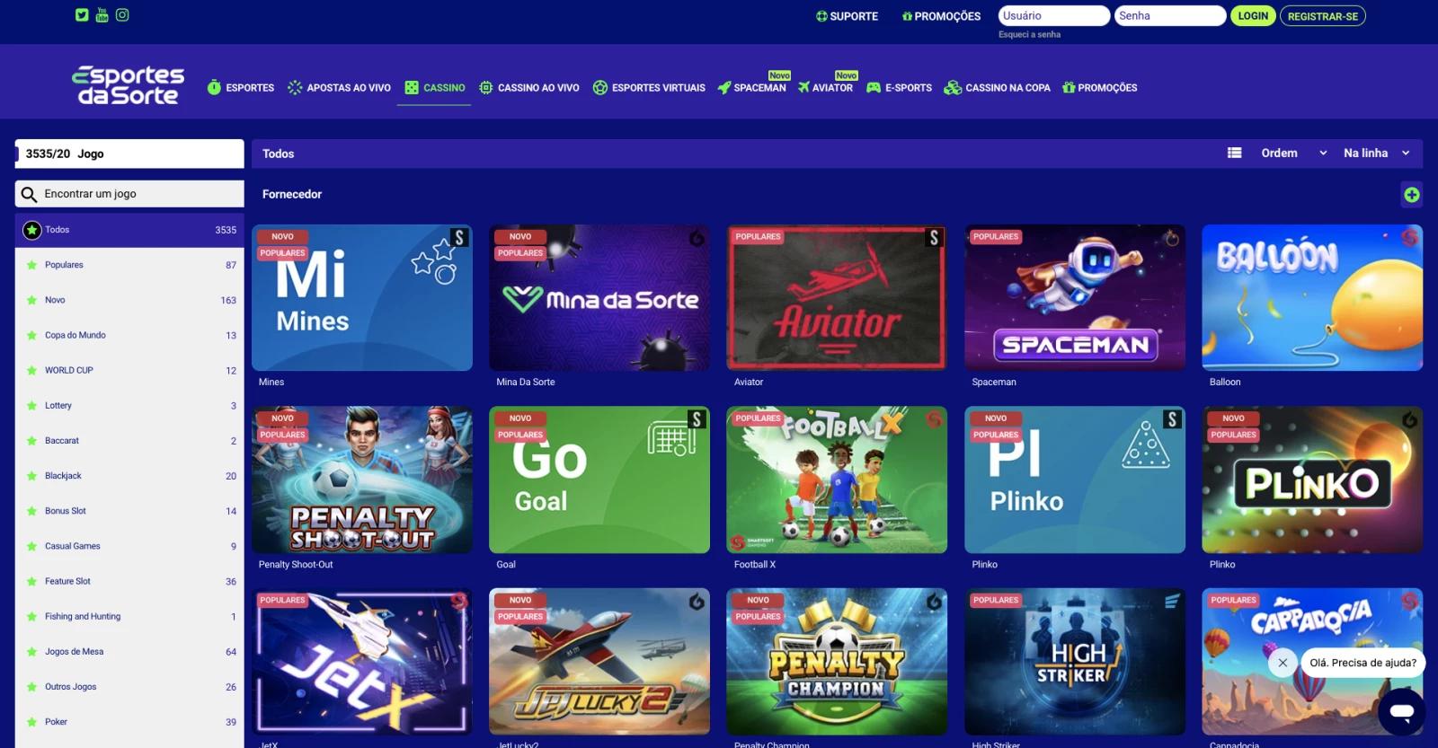 Captura de tela Homepage do Cassino da casa de apostas Esportes da Sorte