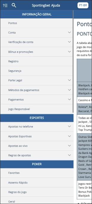 Captura de tela Lista de FAQs na Central de Ajuda Sportingbet
