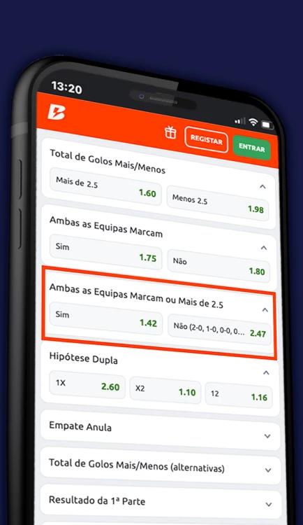 Captura de tela Captura de tela Mercado Ambas equipes Marcam ou Mais de 2.5 Betano