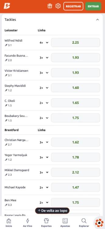 Captura de tela Aposta em Total de Tackles Betano por jogador entre Leicester Brentford para a Premier League