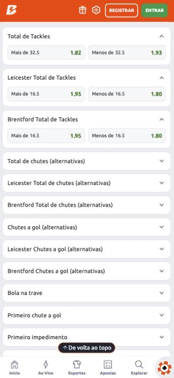 Captura de tela Aposta em Total de Tackles Betano Por time entre Leicester Brentford para a Premier League