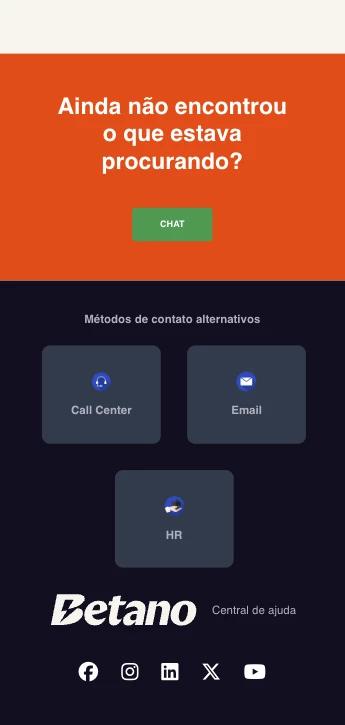 Captura de tela Central de Ajuda Betano com chat ao vivo, email, call center, HR.
