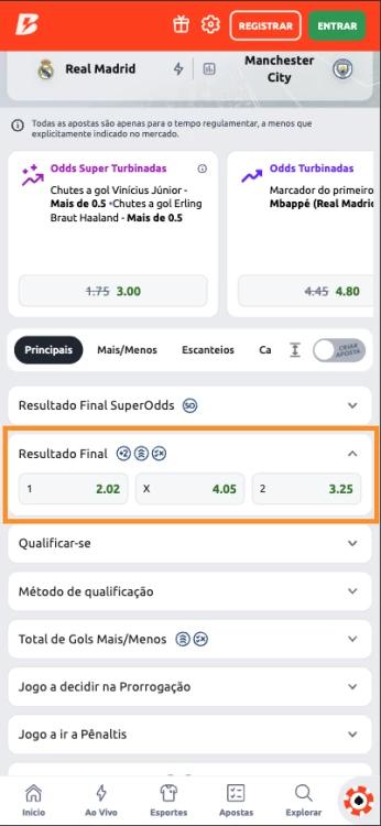 Captura de tela Aposta em Resultado Final na Betano jogo entre Real Madrid e Manchester City mata-mata da Champions League