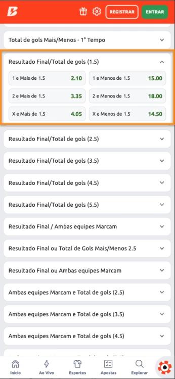 Captura de tela Aposta em Resultado Final/Total de Gols 1.5 Betano na partida entre Real Madrid e Manchester City fase de mata-mata Champions League