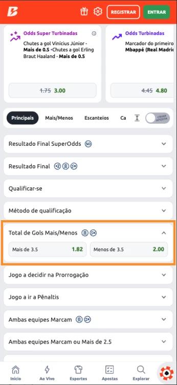 Captura de tela Aposta em Total de Gols mais ou menos gols na Betano na partida entre o Real Madrid e o Manchester City na fase de mata-mata das Champions League