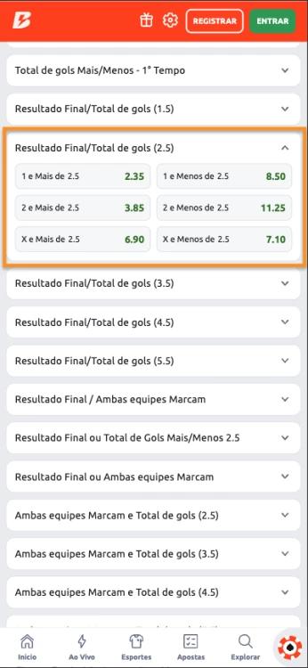 Captura de tela Aposta em Resultado Final/Total de Gols 2.5 Betano na partida entre Real Madrid e Manchester City fase de mata-mata Champions League