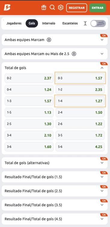 Captura de tela Aposta em intervalo de gols na Betano