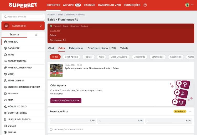 Captura de tela Mercado de Apostas Esportivas Superbet 