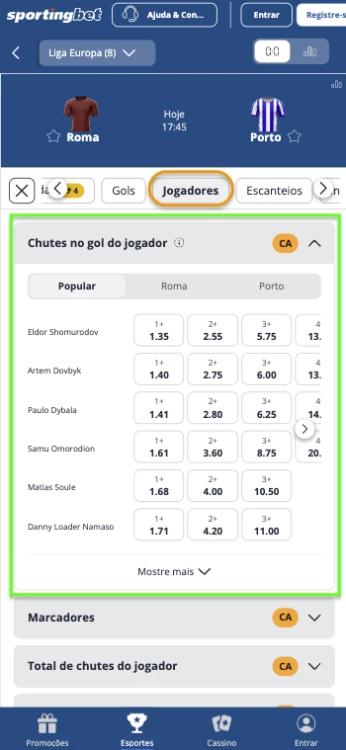 Captura de tela aposta em chutes no gol na Sportingbet na partida entre Roma e Porto para a europa league