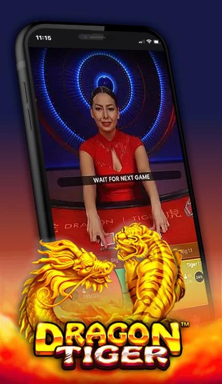 Dragon Tiger a ser jogado ao vivo no cassino com uma mulher croupier a distribuir as cartas