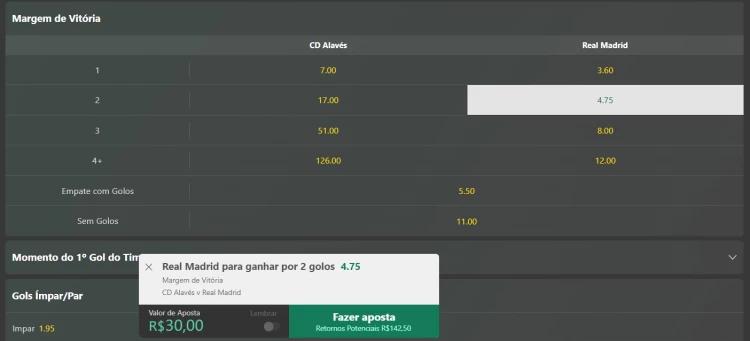 Captura de tela Simulação de Aposta em Margem de Vitória bet365 no jogo Aláves x Real Madrid