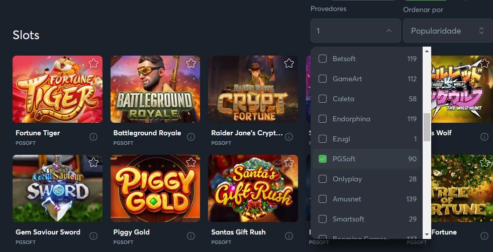 Captura de tela Filtrar por Provedor PG Soft no Cassino Online