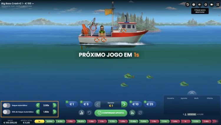 Captura de tela interface do jogo Big Bass Crash com destaque a laranja para o saque automático total e parcial