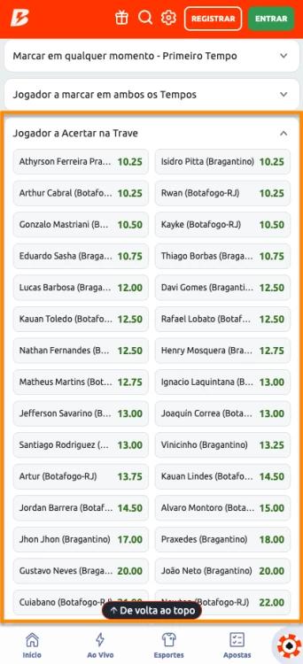 Captura de tela aposta em bola na trave por jogador