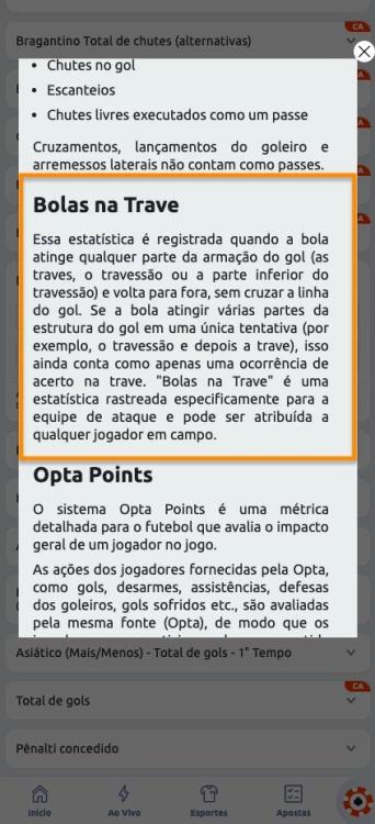 Captura de tela esclarecimento da Betano sobre o que significado a aposta em bola na trave