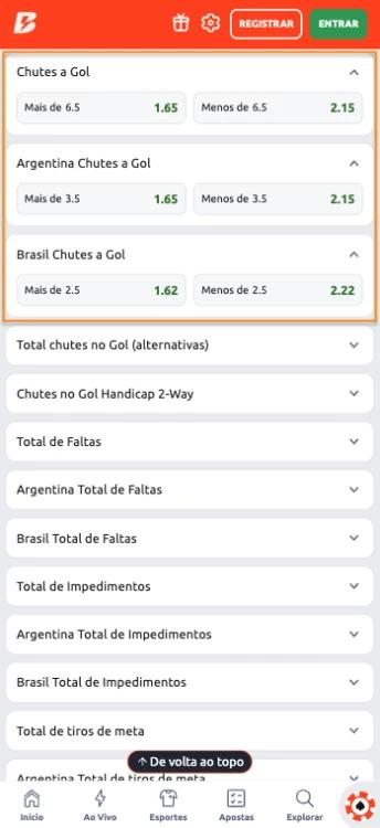 Captura de tela Possibilidades de aposta em Mercado Chutes a gol Betano
