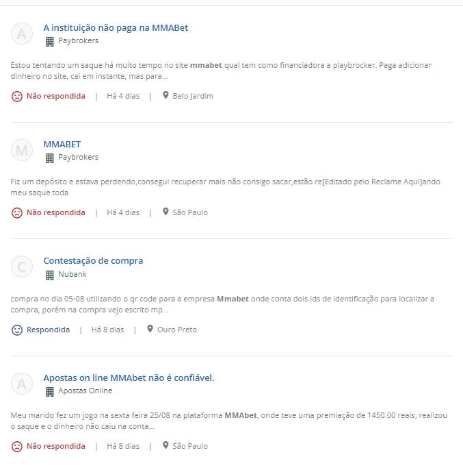 Captura de tela Reclamações e queixas sobre a MMA BET no Reclame Aqui sobre não pagamento