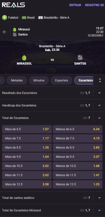 Captura de tela mercado de total de escanteios com mais de 9.5 e menos de 9.5 na Reaslbet