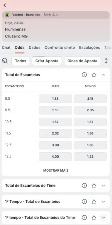Captura de tela mercado de total de escanteios com mais de 9.5 e menos de 9.5 na Superbet