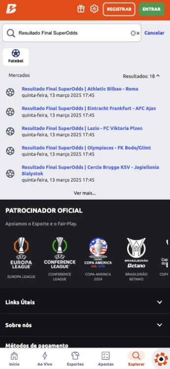 Captura de tela Encontrar apostas em Resultado Final SO Betano através da barra de pesquisa