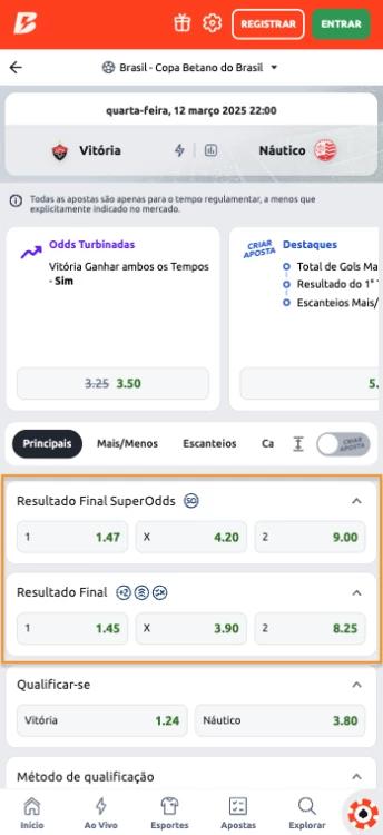 Captura de tela Diferença entre Resultado Final SO e Resultado Final na Betano