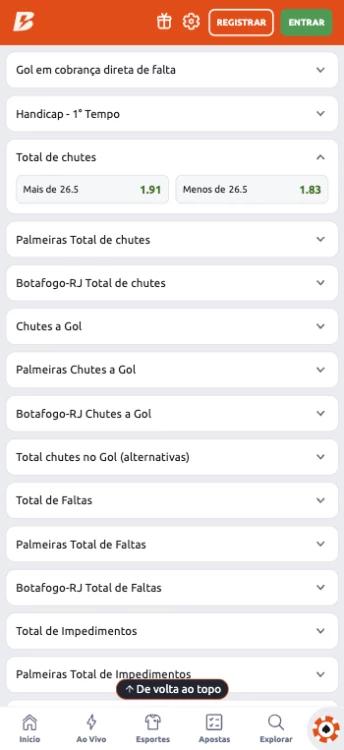 Captura de tela Total de Chutes Betano na partida entre Palmeiras x Botafogo pelo Brasileirão Betano 2025